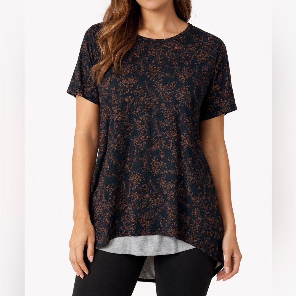 LuLaRoe Irma Tunic Top Navy Blue Copper Floral High Low Size S NWT